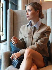 Aiertu - Elegant Single-breasted Pocket Coat Women Fashion Tweed Long Sleeve O-neck Female Jacket 2026 Spring Office Lady Commuter Coats Aiertu