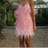 Aiertu Sequins Tassel Feather Spaghetti Strap Dress Women Fashion Sexy Stitching Mini Dresses Ladies Evening Party Club Elegant Dress Aiertu