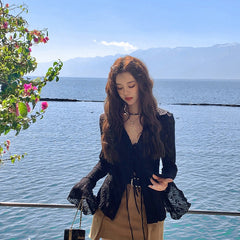 Aiertu Y2K Lace Thin Shirt Women Sexy Sunscreen See Through Slim Blouses Vintage Skinny Casual Crop Tops Sun Protection Cardigan Aiertu