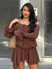 Aiertu - Chic Low Neck Lace Up Mini Dress Elegant Solid Flare Sleeve Pleated Off Shoulder Gown New Women Highstreet Holiday Dresses 2025 Aiertu