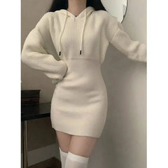 Aiertu Hooded Knitted Dress for Women Sweater Bottoming Short Skirt Aiertu
