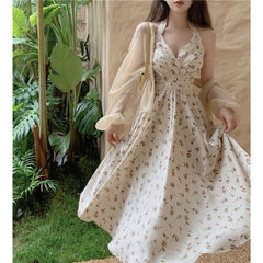 Aiertu Thin Hot Girl Summer Hanging Neck Type Broken Flowers In The Long Skirt Fairy Temperament French Accept Waist Dress-Outfit Ideas Aiertu