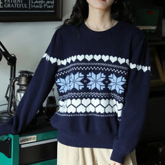 Aiertu - Vintage Fair Isle Crew Neck Jumper Heart Pattern Knitted Pullovers Christmas Sweater Holiday Knitwear Autumn Women Outerwear Aiertu