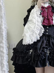 Aiertu - Sweet 3 Piece Sets Women Ruffled Collar Lolita Shirt + Print Crop Coat + Irregular Cake Bow Skirts Streetwear Y2k Outfits Suit Aiertu