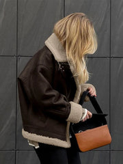 Aiertu - Vintage Plush Suede Zipper Jackets Women Casual Loose Lapel Brown Jacket Coats With Pockets Female Winter Warm Street Outwear Aiertu