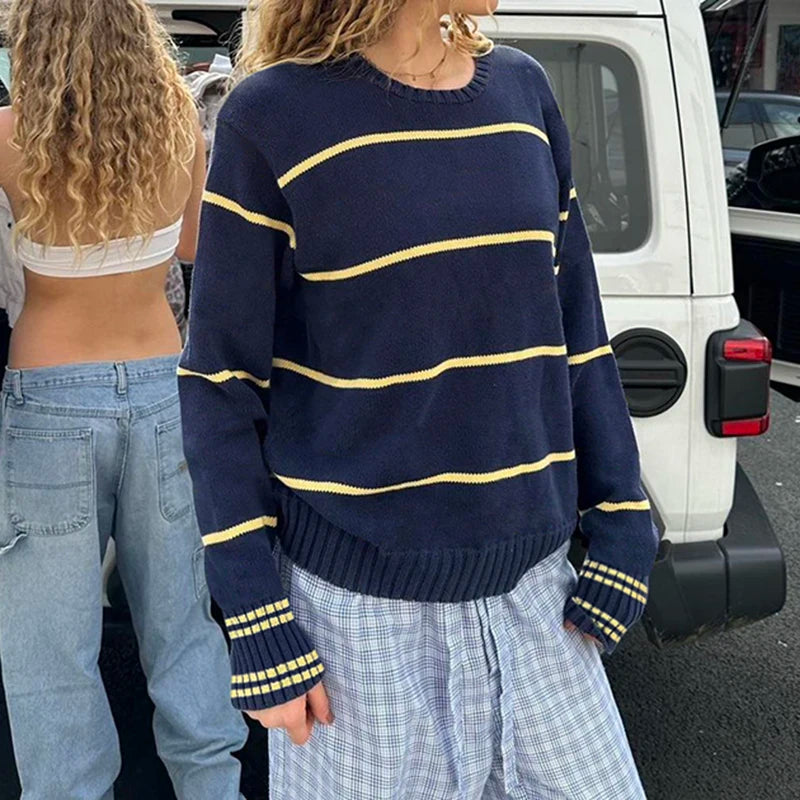 Aiertu - cold weather outfits Fashion Striped Women Sweater Y2K O-neck Loose Fit Jumper Top Preppy Style Casual Knitted Pullovers Korean Outfits Aiertu