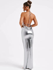 Aiertu - Satin Backless Sexy Maxi Dress For Women Fashion Spaghetti Strap Solid Bodycon Long Dress Femme Club Party Long Dress Aiertu