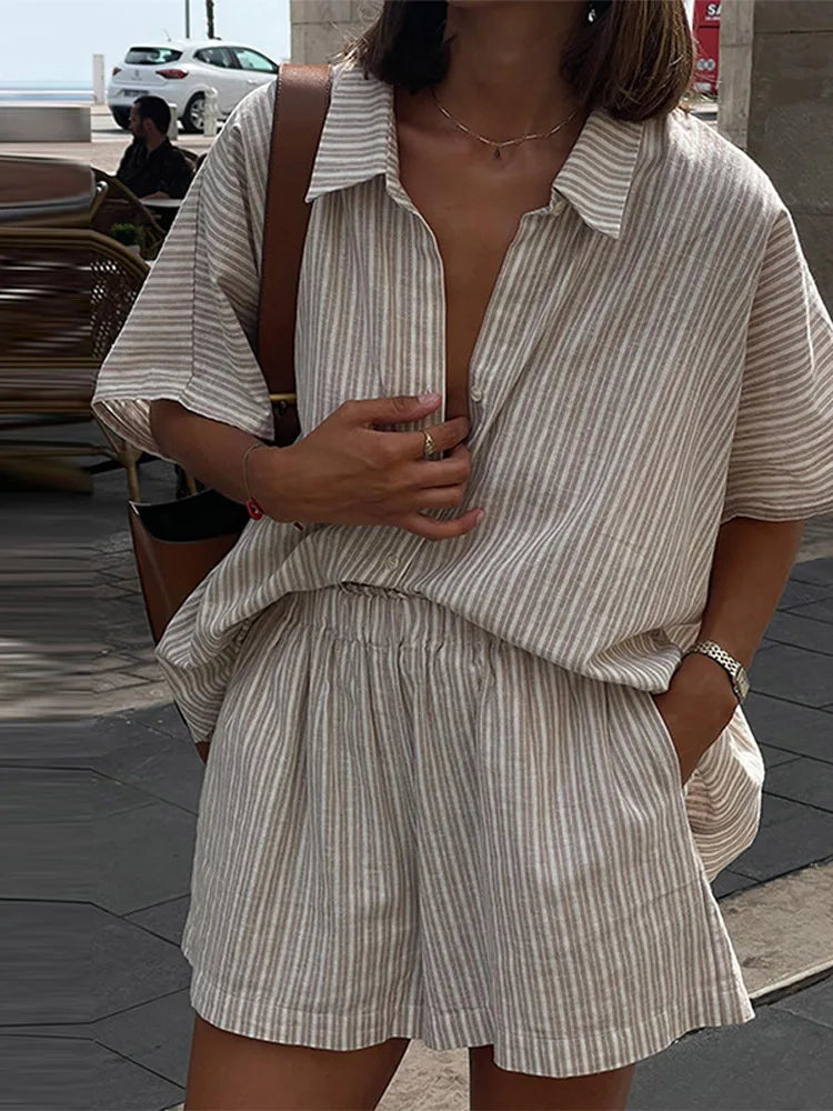 Aiertu - Solid Cotton Short Two Piece Set Women Outfit Stripe Long Sleeve Shirts Shorts 2 Piece Sets Simple Style Lady Suit Spring Aiertu