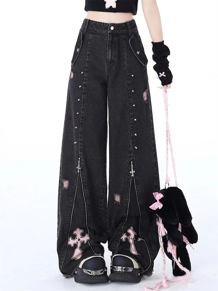 Aiertu - Women's Zipper Splicing Design Black Gray Jeans Cool Girl High Waisted Fashion Loose Pants Female Straight Retro Denim Trousers Aiertu
