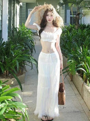 Aiertu Y2k Aesthetic Two Pieces Sets Women Square Collar Sexy Cropped Tops+Streetwear High Waist Drawstring Skirts 2025 Summer Outfits Aiertu