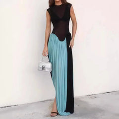 Aiertu - Women Vacation Clothing Vestidos Elegantes Para Mujeres Black Mesh Sheer Patchwork Blue Long Luxury Dress For Summer Aiertu