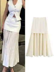 Aiertu - Women Summer Pleated Skirts Fashion Solid Splicing High Waist Mid-Calf Female Elegant Street MIDI Skirt Clothing Aiertu