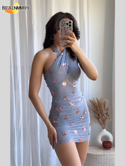 Aiertu - Elegant Sequin Blue Mini Evening Dress 2025 Sexy Halter Slim Fit Short Dresses Women High Waist Backless Party Lady Chic Vestido Aiertu