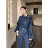 Aiertu Elegant Bow Denim Shirts Women Vintage Bandage Jeans Blouses Streetwear Korean Puff Long Sleeve Casual All Match Tops New Aiertu