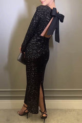 Aiertu - Sexy Solid Sequins With Bow O Neck Evening Dress Dresses Aiertu