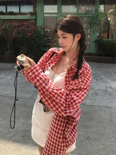 Aiertu - Turn-down Collar Red Plaid Shirt Women's Spring Casual Long-sleeved Loose Sunscreen Shirt Fashion Female Clothes Aiertu