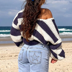 Aiertu - Women Striped Chunky Knitted Sweater Drop Shoulder Long Sleeve V-Neck Oversized Sweater Pullover Vintage Loose Knit Jumper Tops Aiertu