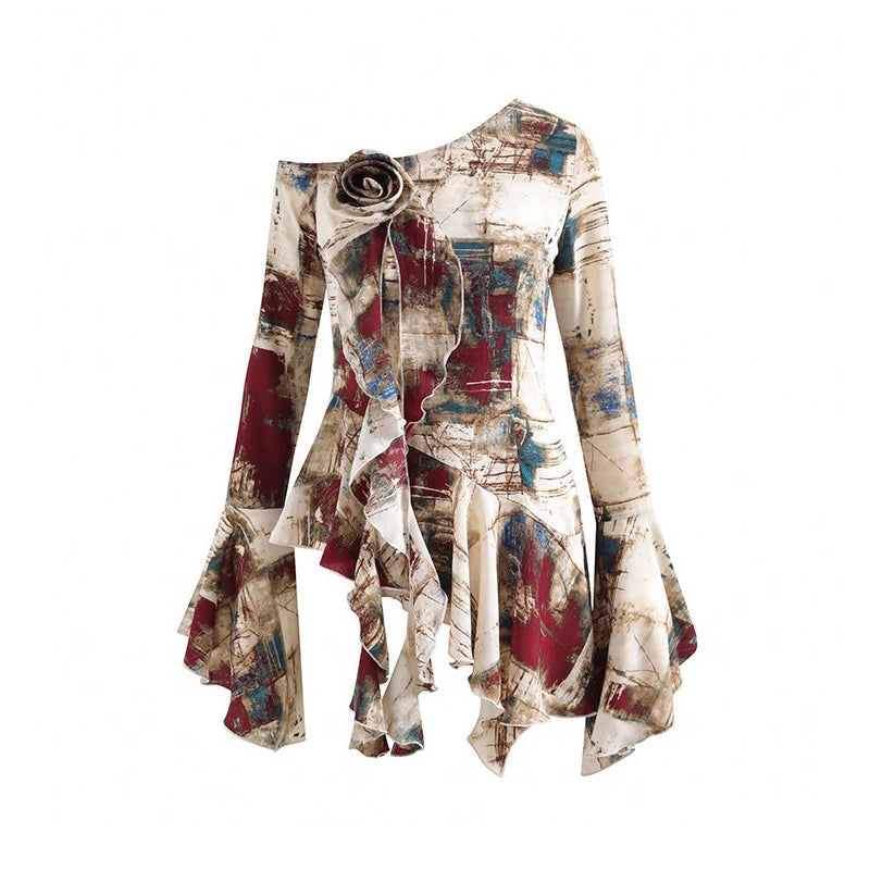 Aiertu Satin Swing Ruffle Hem Asymmetric Top Women Paint Aesthetic Rose Pin Flare Long Sleeves T-shirt Medieval Retro Clothes Aiertu