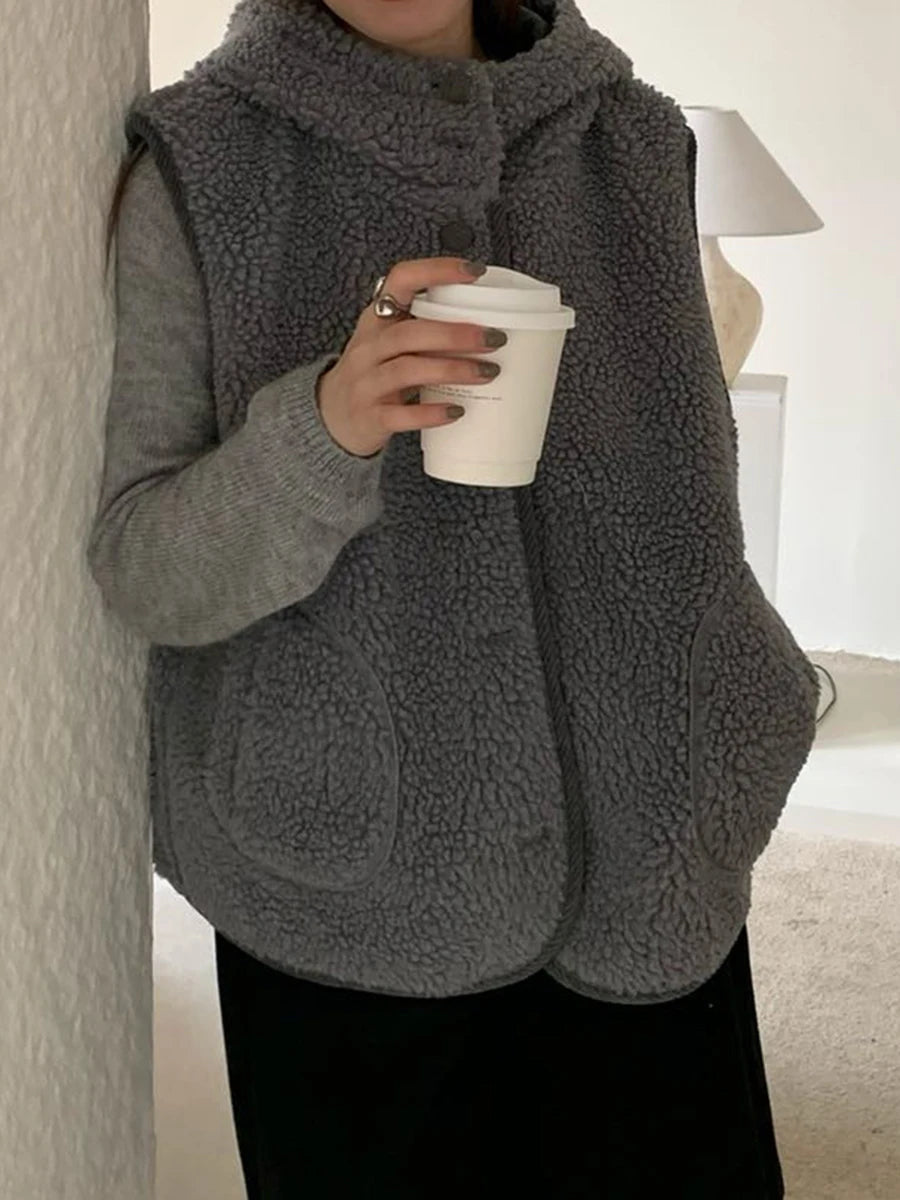Aiertu - Winter New Solid Lambswool Hooded Vest Women Single Breasted Sleeveless Jacket Korean Fashion Casual Pocket Waistcoat Outerwear Aiertu