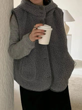 Aiertu - Winter New Solid Lambswool Hooded Vest Women Single Breasted Sleeveless Jacket Korean Fashion Casual Pocket Waistcoat Outerwear Aiertu