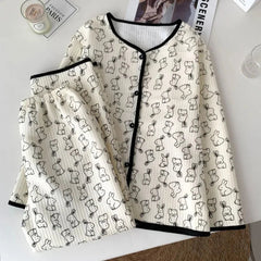 Aiertu - Autumn And Winter Air Sandwich Cotton Pajamas Women Cardigan Long Sleeve Trousers New Cartoon Sketch Rabbit Cute Homewear Sets Aiertu