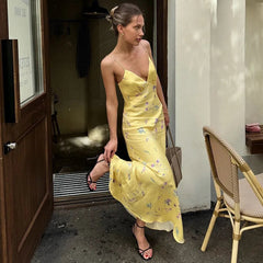 Aiertu - Low Cut Spaghetti Strap Sleeveless Floral Print Backless Slim Fit Maxi Dress Summer Trendsetter Streetwear Vestidos Aiertu