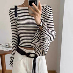 Aiertu - Women Classic Chic Striped Flare Sleeve Knit Top Frenchy Style Off Shoulder Oufit Fall Winter Knitwear Aiertu