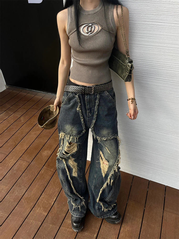 Aiertu - Women's Tassel Big Pocket Design Wide-leg Jeans Cool Girl High Waisted Fashion Loose Pants Female Straight Retro Denim Trousers Aiertu