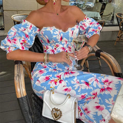 Aiertu - Women Sexy Strapless Lace Long Party Dress Spring Floral Print Slim Bodycon Hip Dress Autumn Off Shoulder Puff Sleeve Maxi Dress Aiertu