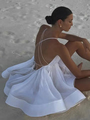 Aiertu - Halter Fuffy Short Pleated Dress Large Backless Cross Strap Beach A-Line Dresses V-Neck Waist Cinched Suspender Slimming Gown Aiertu
