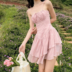 Aiertu - Lace Up Ruffle Corset Mini Dress Aiertu