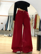Aiertu - Women's Wide Leg Red Denim Pants Cleanfit Casual Straight High Waist Baggy Jeans Skater Dancer Boyfriend Streetwear Aiertu
