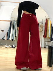 Aiertu - Women's Wide Leg Red Denim Pants Cleanfit Casual Straight High Waist Baggy Jeans Skater Dancer Boyfriend Streetwear Aiertu
