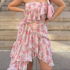 Aiertu Floral Print Spaghetti Strap Dresses Mini Women Sexy Backless Halter Neck Spring Summer Ruffle Casual Beach Dress Aiertu