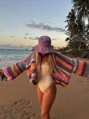 Aiertu - Women Rainbow Striped Loose Knitted Cardigans Fashion Long Sleeved Casual Cropped Sweaters Autumn Female Street Outwear 2026 Aiertu