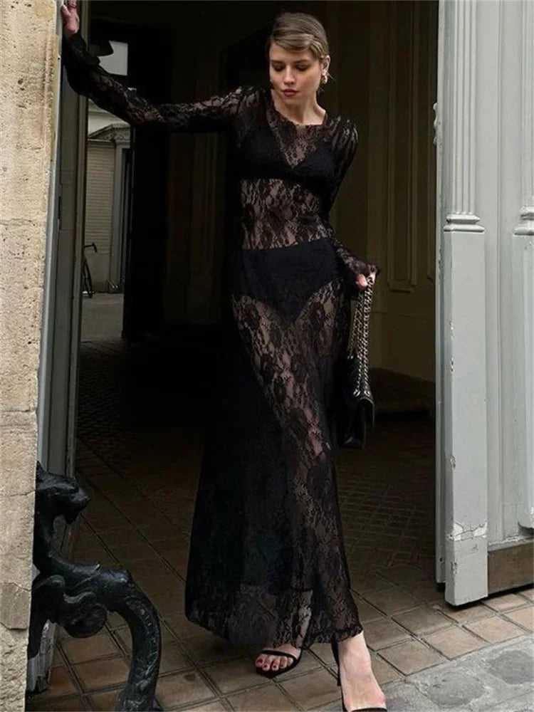 Aiertu - Black Lace Printed Long Dress For Women See-Through Hollow Out High Waist Patchwork Sexy Party Dress Women's Summer Dress Aiertu