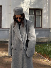 Aiertu - Fashion Grey Lapel Long Woolen Coats Women Double-breasted Pockets Long Sleeves Overcoat 2026 Autumn Lady Street Outerwear Aiertu