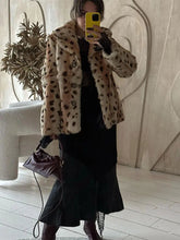 Aiertu - Women Fashion Leopard Print Faux Fur Warm Coat Chic Lapel Long Sleeves Single Breasted Casual Jacket Autumn Winter Lady Outwear Aiertu