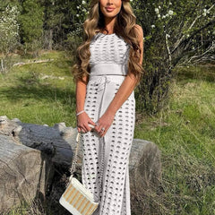 Aiertu - Slim Hollow Out Skirt Suit Knitted For Women Sleeveless Strapless Top Summer New High Waisted Lace Up Split Long Skirt Aiertu