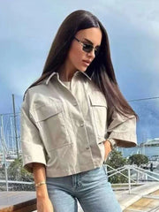 Aiertu - Fashion Lapel Spliced Coats Women Casual Single-breasted Pockets Short Sleeve Female Jacket Autumn Lady Solid Loose Outwear Aiertu