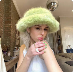 Aiertu - Winter Hat New Candy Color Faux Fur Y2k Warm Plush Basin Hat Unisex Bucket Hat Bob Homme Aiertu
