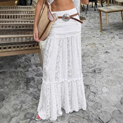 Aiertu - Solid Spliced Belts Loose Skirts for Women High Waist Spliced Folds Elegant Temperament Skirts Female Aiertu