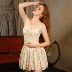 Aiertu - Lace Spaghetti Strap Dress Women Summer High Waist Sleeveless Pleated Short Dress Sexy See-through Party Evening Dress Aiertu