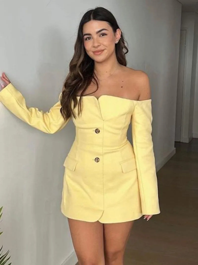 Aiertu - 2026 Fashion Slash Neck Long Sleeve Mini Party Dress Women's Elegant Chic Single Breasted Slim Short Blazer Dresses High Street Aiertu