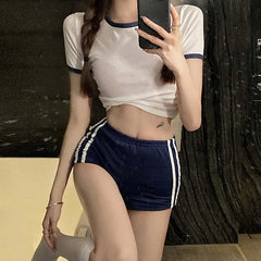 Aiertu Hot Girl Sexy Suit Women's Summer O-neck Short-sleeved T-shirt High-waisted Shorts Two-piece Set Fashion Female Clothes Aiertu