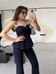 Aiertu - Fashion Denim Tank Jeans Set Women Strapless Sleeveless Ruffle Crop Tanks High Waist Flare Pants Female Sets 2025 Spring Summer Aiertu