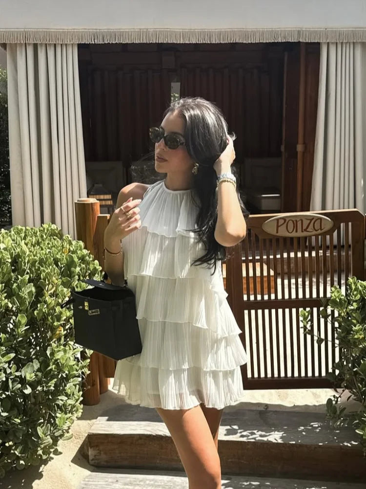 Aiertu - Ladies White Pleated Dress Women Sleeveless High Circle Neck Backless Layered Ruffles Mini Robe Summer Sweet Beach Party Gown Aiertu