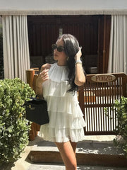 Aiertu - Ladies White Pleated Dress Women Sleeveless High Circle Neck Backless Layered Ruffles Mini Robe Summer Sweet Beach Party Gown Aiertu