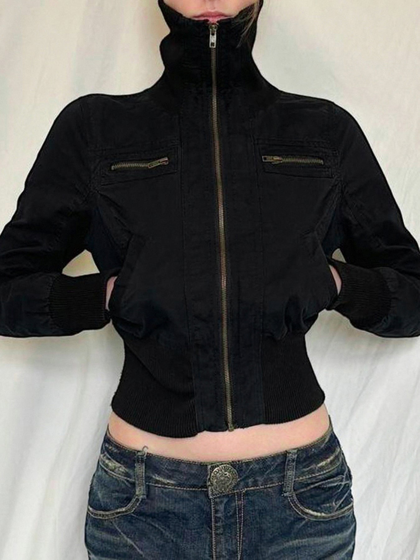 Aiertu - summer inspo Korean Street Style Black Zip Up Turtleneck Slim Long Sleeve Bomber Jackets For Women Autumn New Fashion Gothic Outwears Aiertu