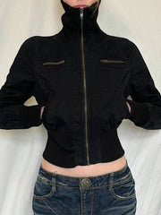 Aiertu - summer inspo Korean Street Style Black Zip Up Turtleneck Slim Long Sleeve Bomber Jackets For Women Autumn New Fashion Gothic Outwears Aiertu